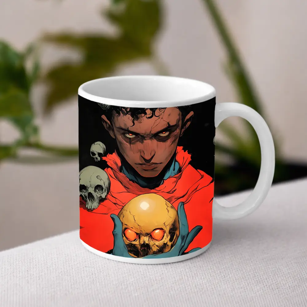 Dark Demon Holding Glowing Skull Comic Art – Mugs