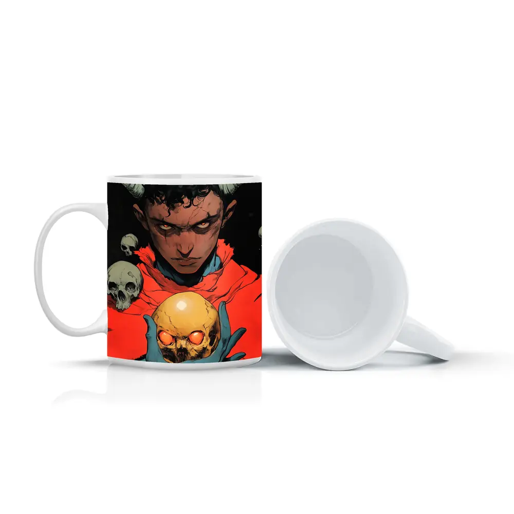 Dark Demon Holding Glowing Skull Comic Art – Mugs
