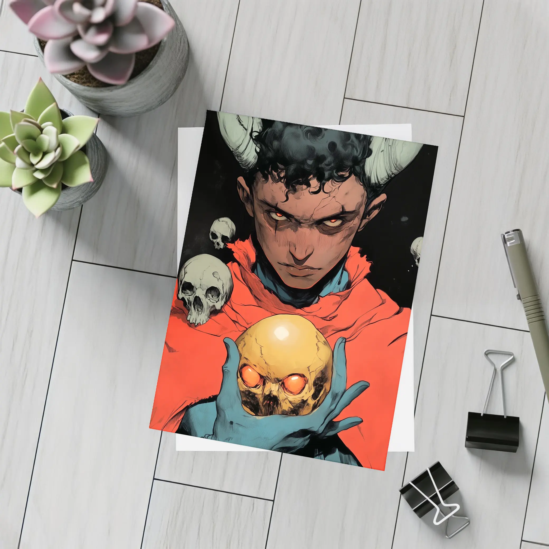 Dark Demon Holding Glowing Skull Comic Art – Postcards