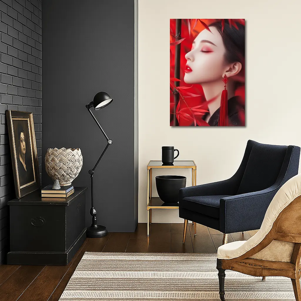 Asian Woman Red Bamboo Leaves Portrait Art – Wall Art