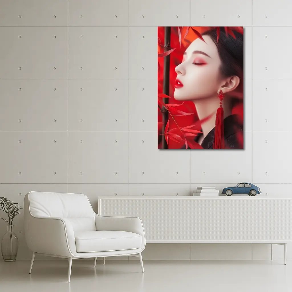 Asian Woman Red Bamboo Leaves Portrait Art – Wall Art