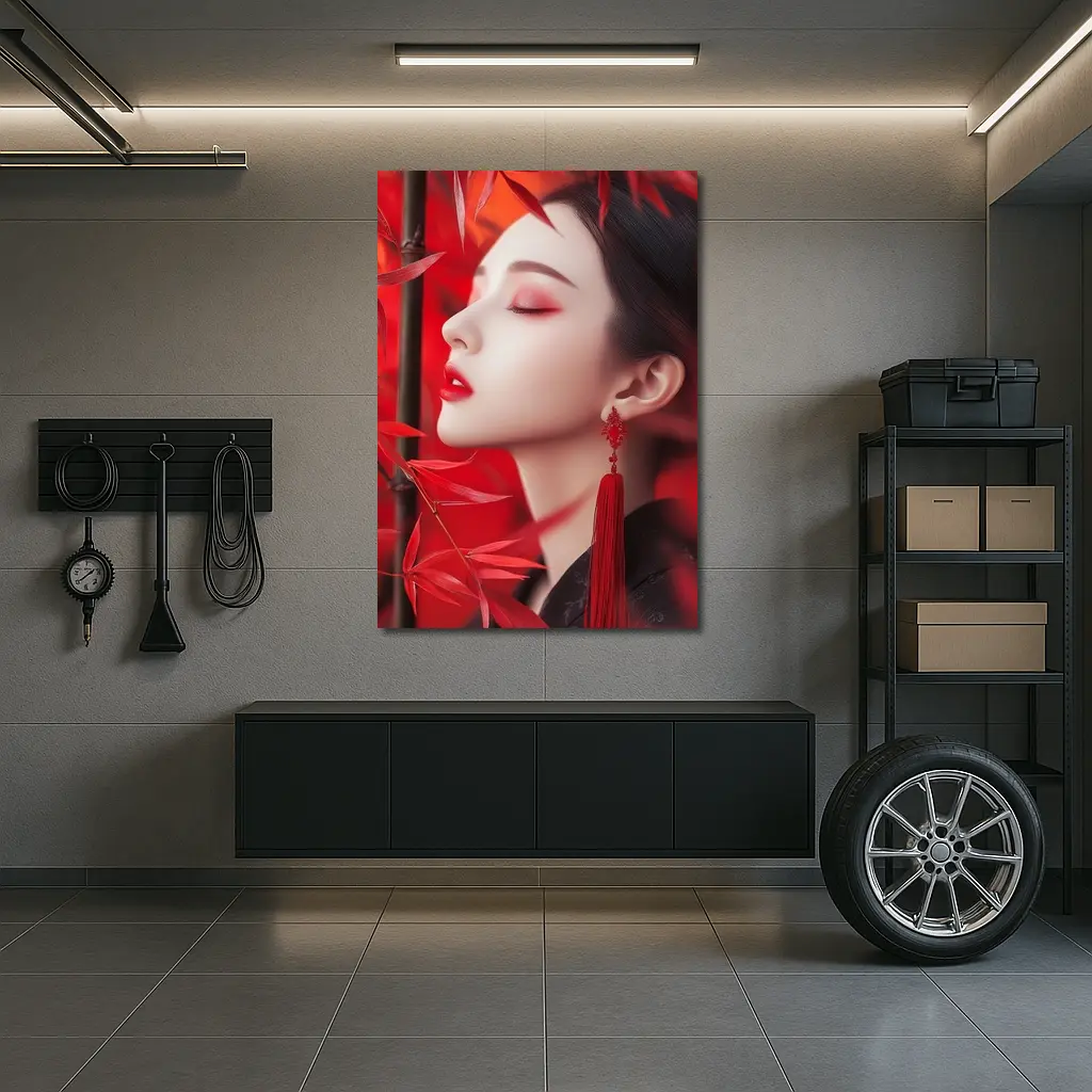 Asian Woman Red Bamboo Leaves Portrait Art – Wall Art