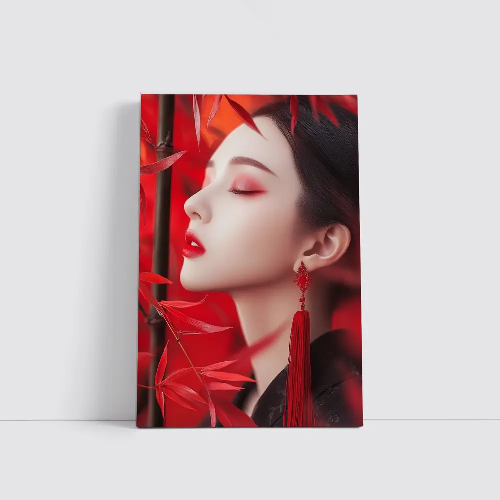 Asian Woman Red Bamboo Leaves Portrait Art – Wall Art