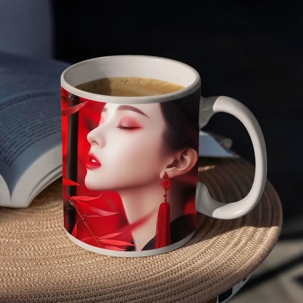 Asian Woman Red Bamboo Leaves Portrait Art – Mugs