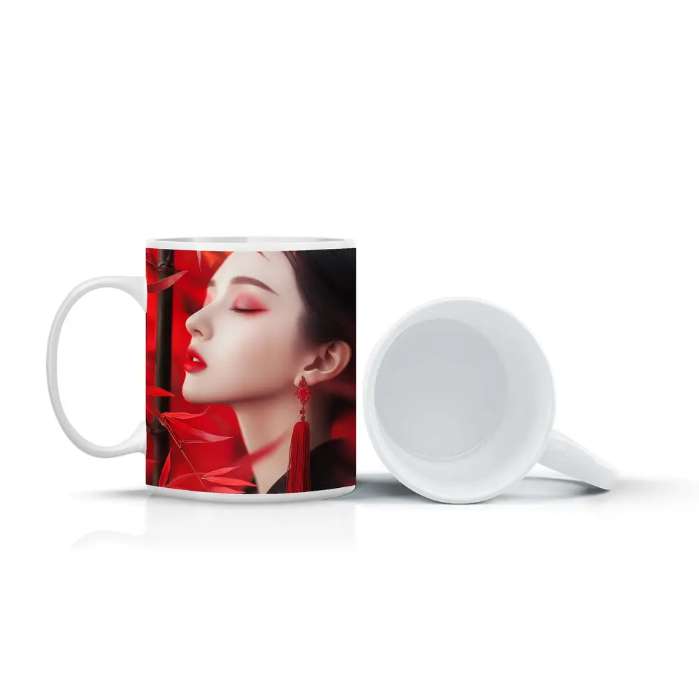 Asian Woman Red Bamboo Leaves Portrait Art – Mugs