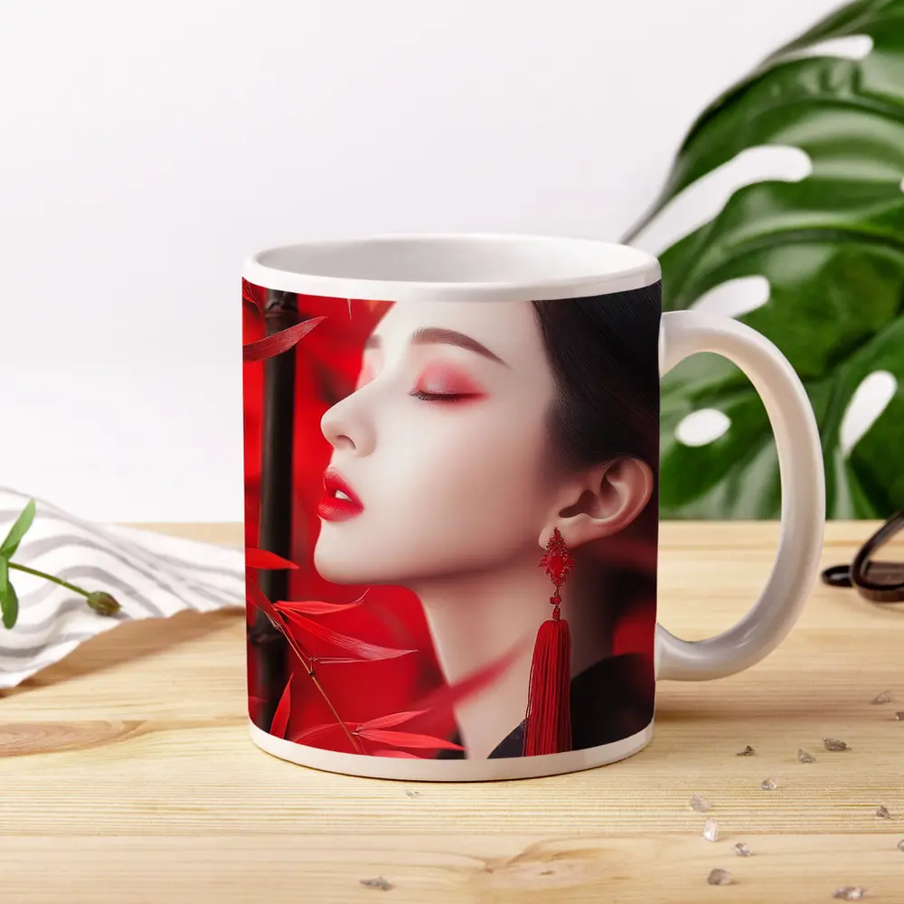 Asian Woman Red Bamboo Leaves Portrait Art – Mugs