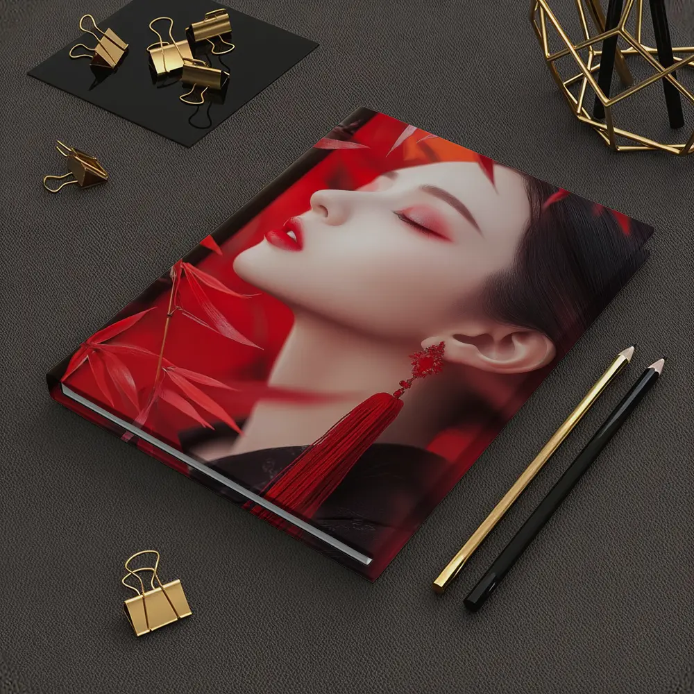 Asian Woman Red Bamboo Leaves Portrait Art – Notebooks