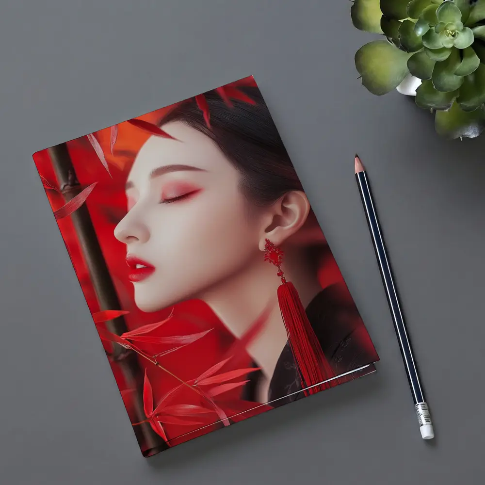 Asian Woman Red Bamboo Leaves Portrait Art – Notebooks