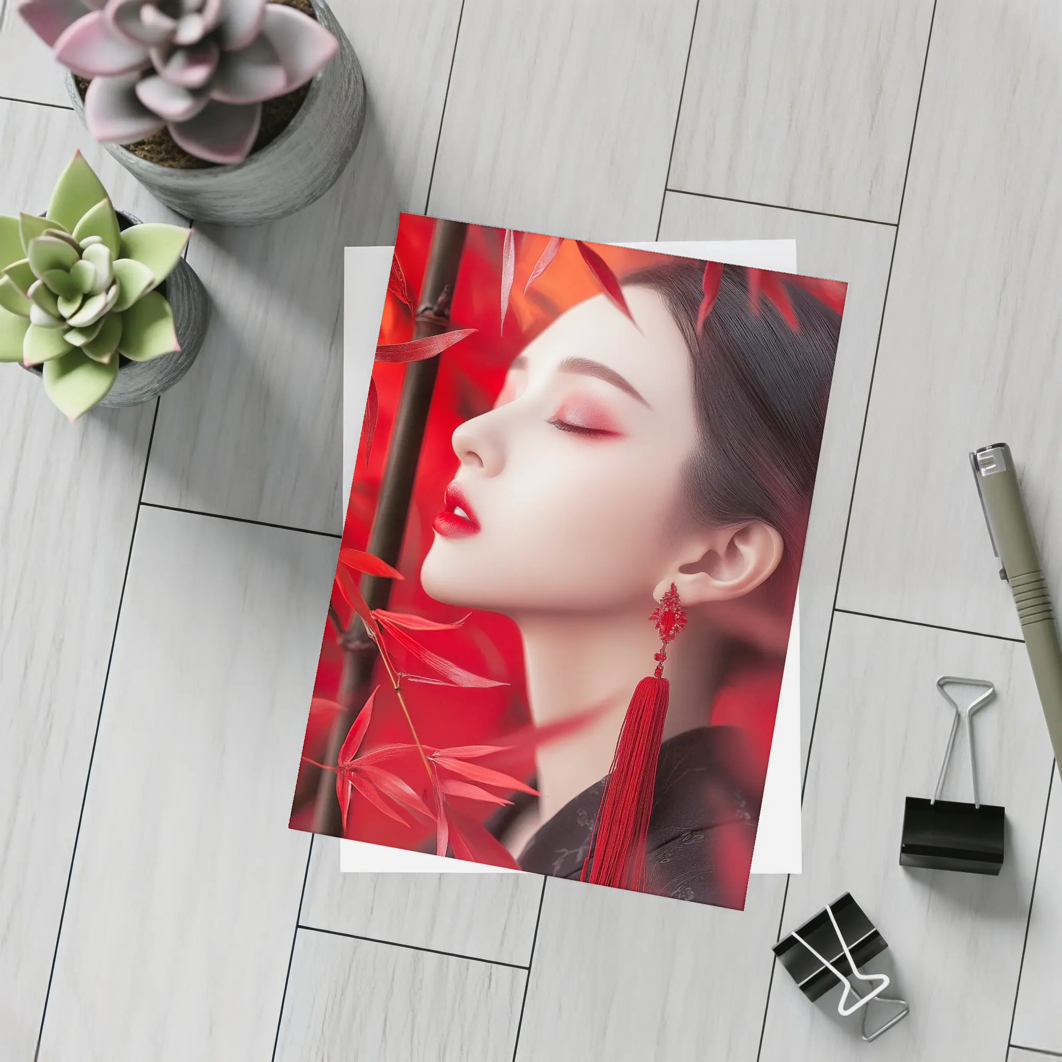 Asian Woman Red Bamboo Leaves Portrait Art – Postcards