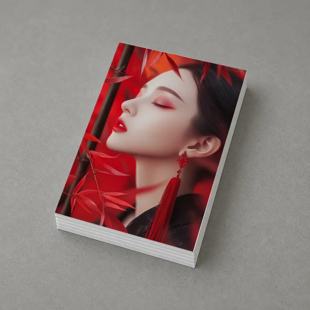 Asian Woman Red Bamboo Leaves Portrait Art – Postcards