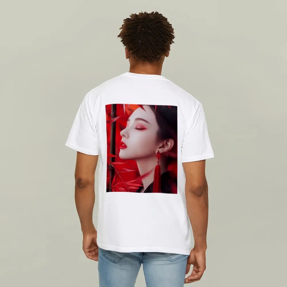 Asian Woman Red Bamboo Leaves Portrait Art – T-Shirts