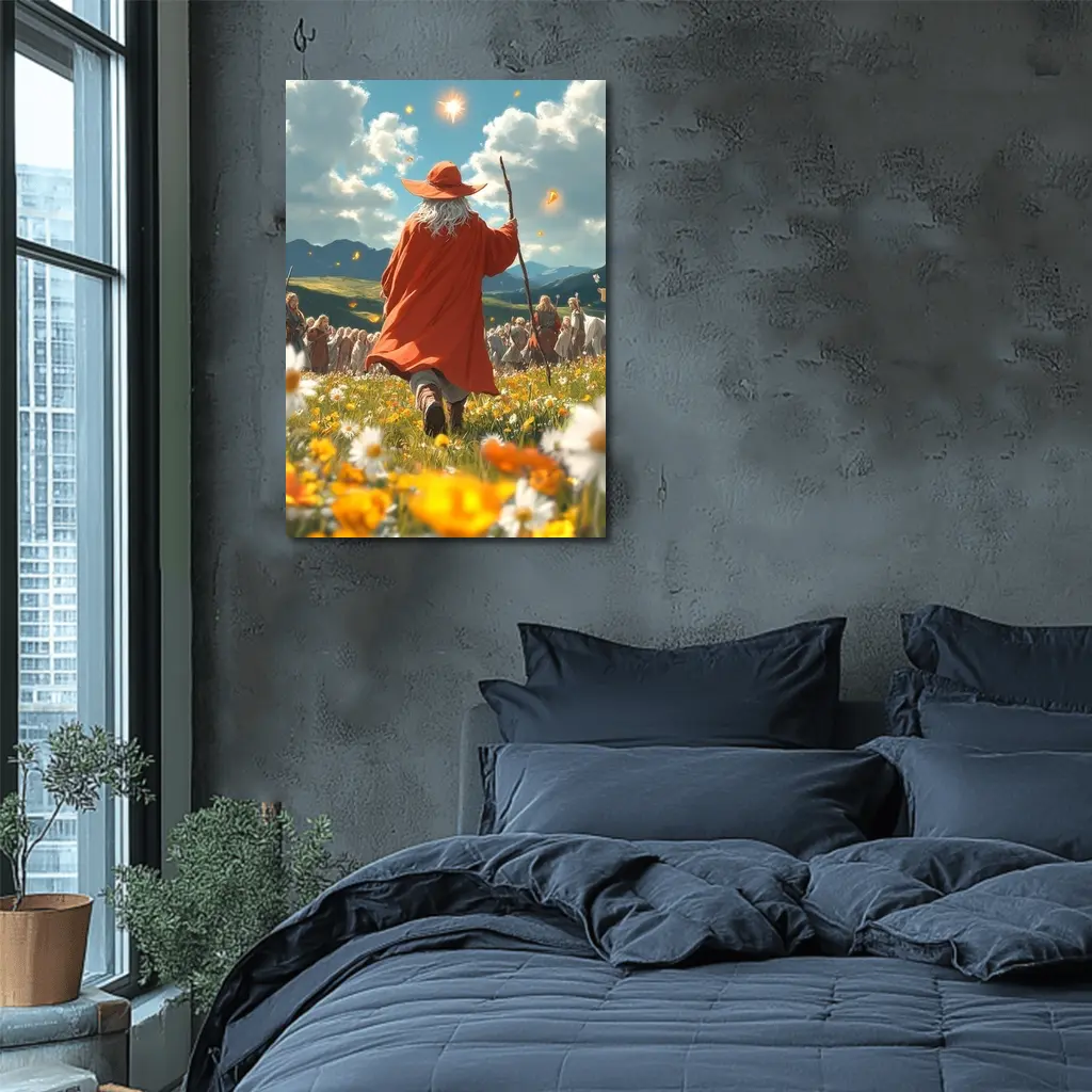 Wizard Walking Through Colorful Flower Field – Wall Art