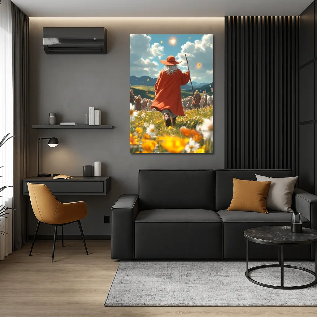Wizard Walking Through Colorful Flower Field – Wall Art