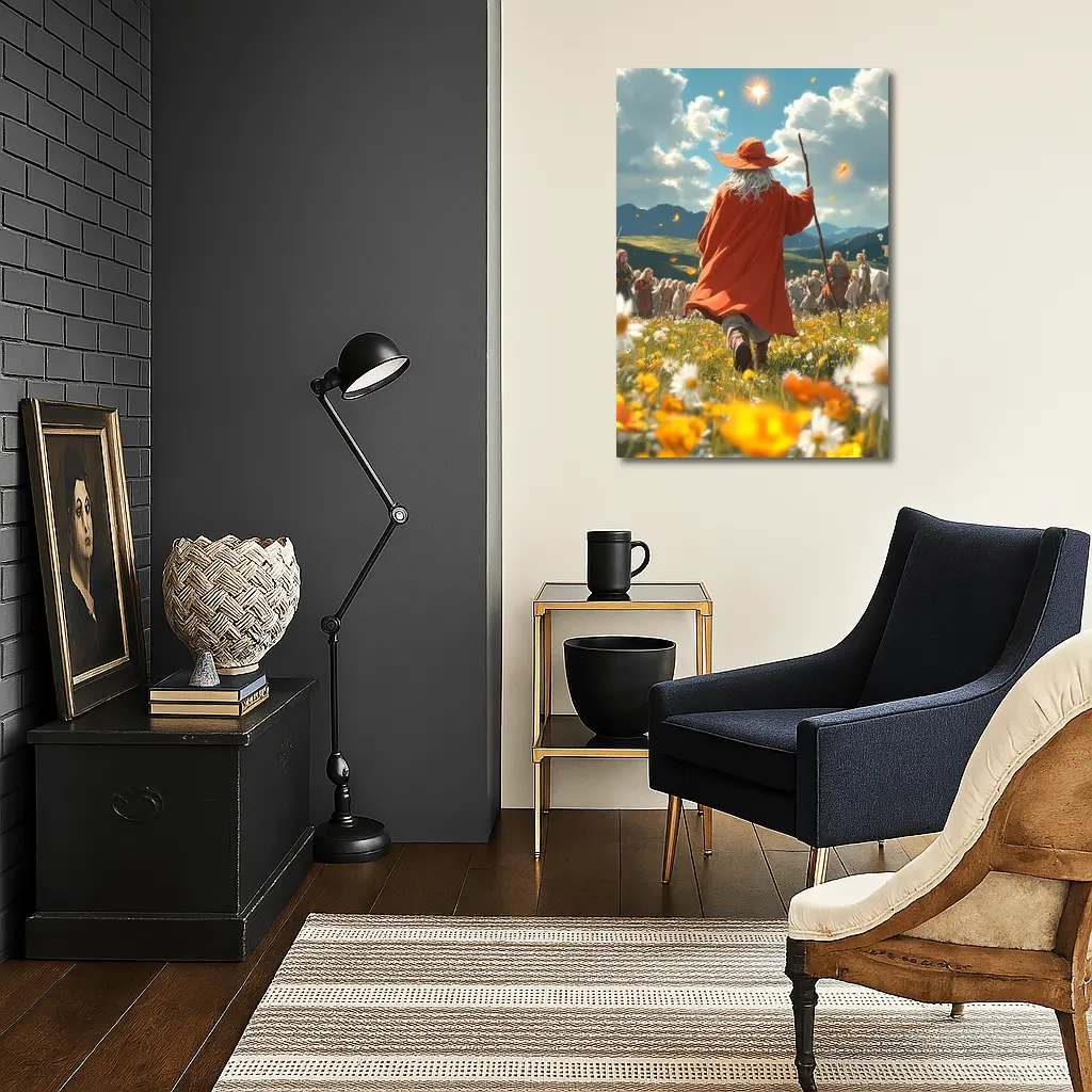Wizard Walking Through Colorful Flower Field – Wall Art