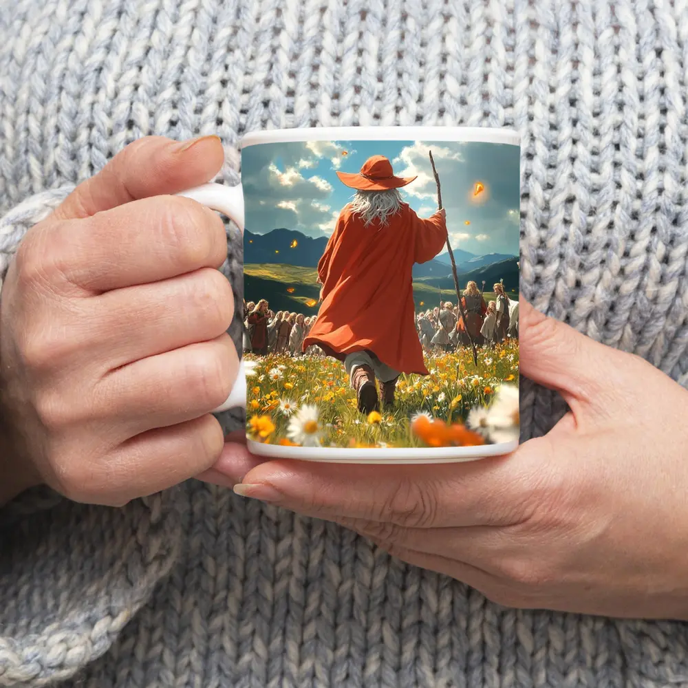 Wizard Walking Through Colorful Flower Field – Mugs
