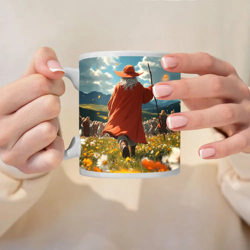 Wizard Walking Through Colorful Flower Field – Mugs