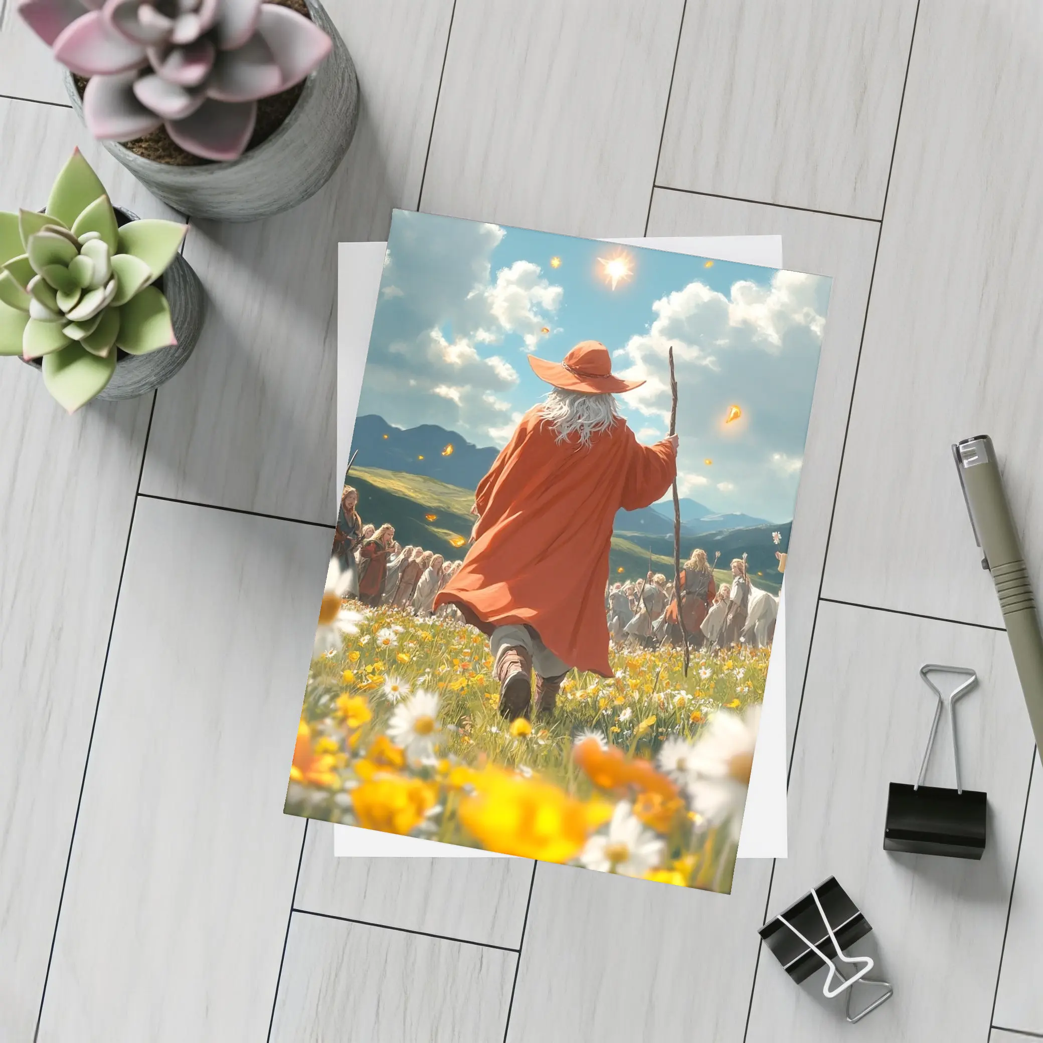Wizard Walking Through Colorful Flower Field – Postcards