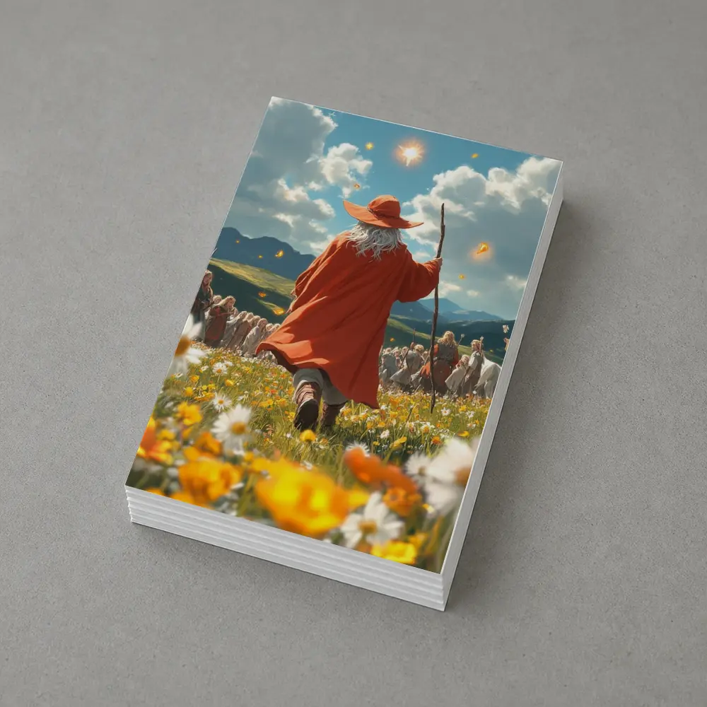 Wizard Walking Through Colorful Flower Field – Postcards