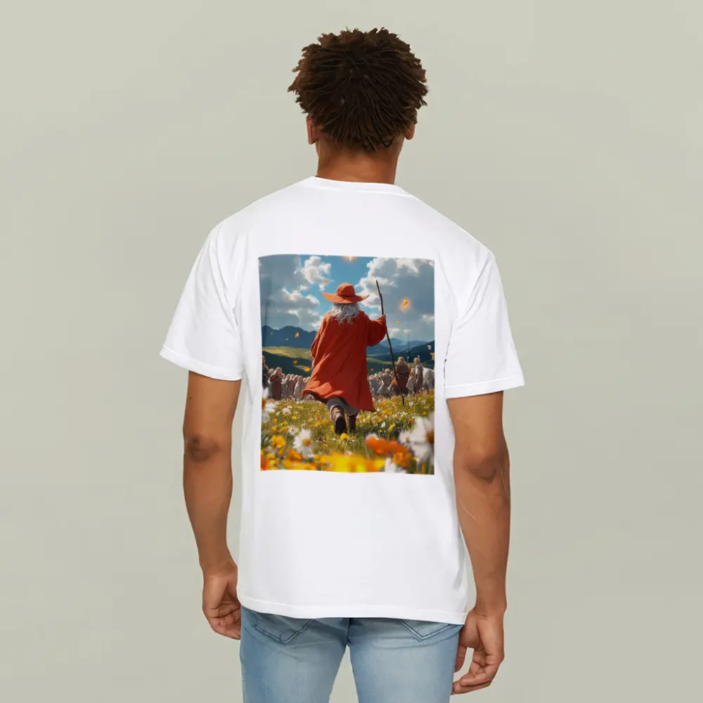 Wizard Walking Through Colorful Flower Field – T-Shirts