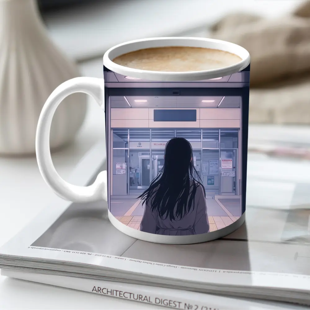 Anime Girl Standing at Train Station – Mugs