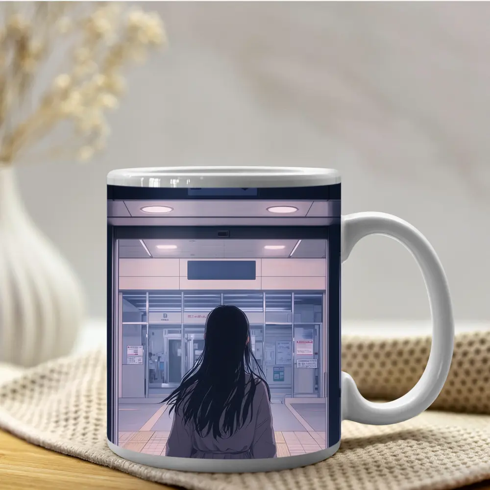 Anime Girl Standing at Train Station – Mugs
