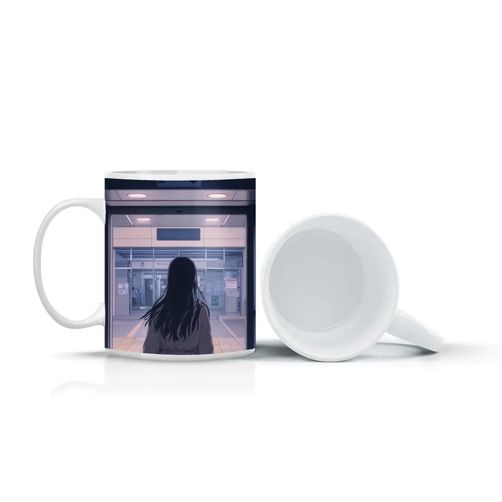 Anime Girl Standing at Train Station – Mugs