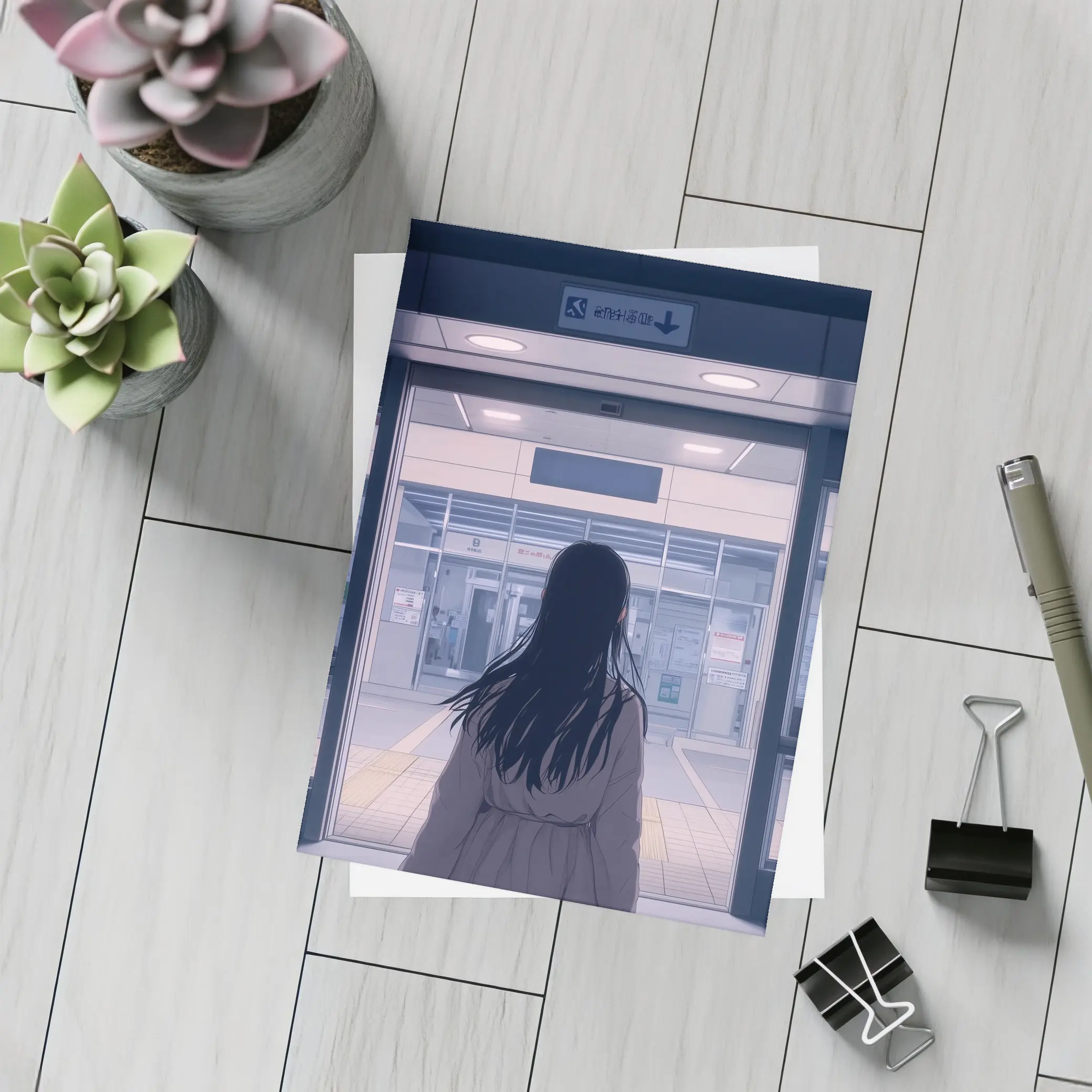 Anime Girl Standing at Train Station – Postcards