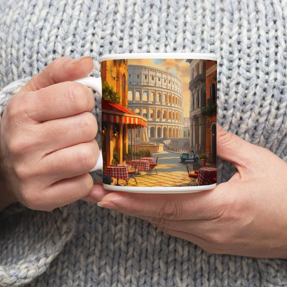 Rome Colosseum Cafe Street Scene Painting – Mugs