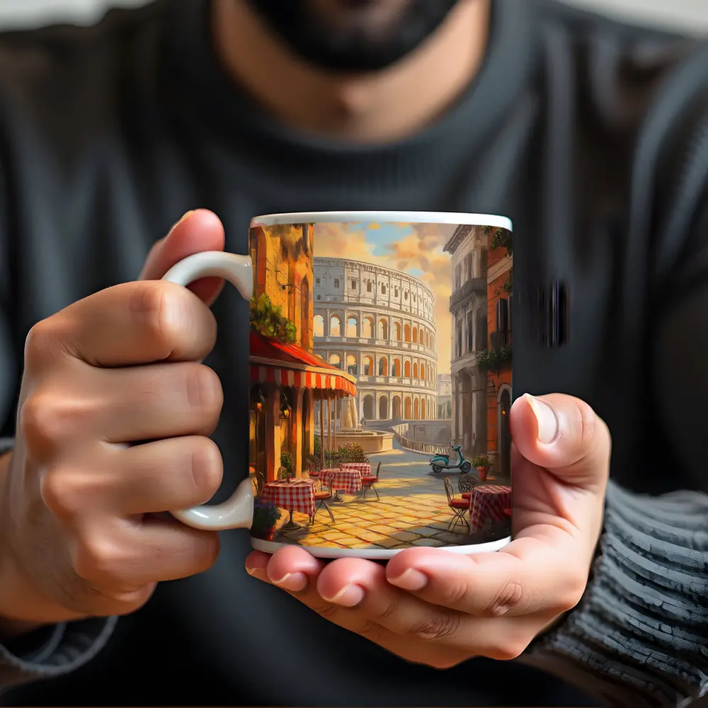 Rome Colosseum Cafe Street Scene Painting – Mugs