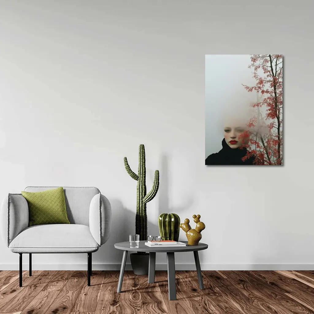 Woman Red Lips Foggy Autumn Trees Portrait – Wall Art