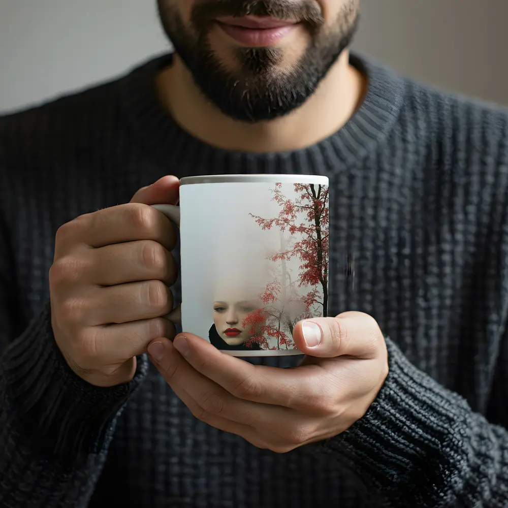 Woman Red Lips Foggy Autumn Trees Portrait – Mugs
