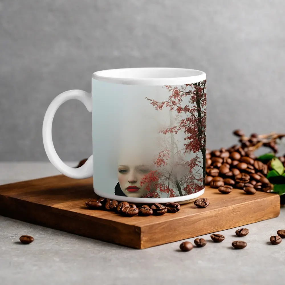 Woman Red Lips Foggy Autumn Trees Portrait – Mugs