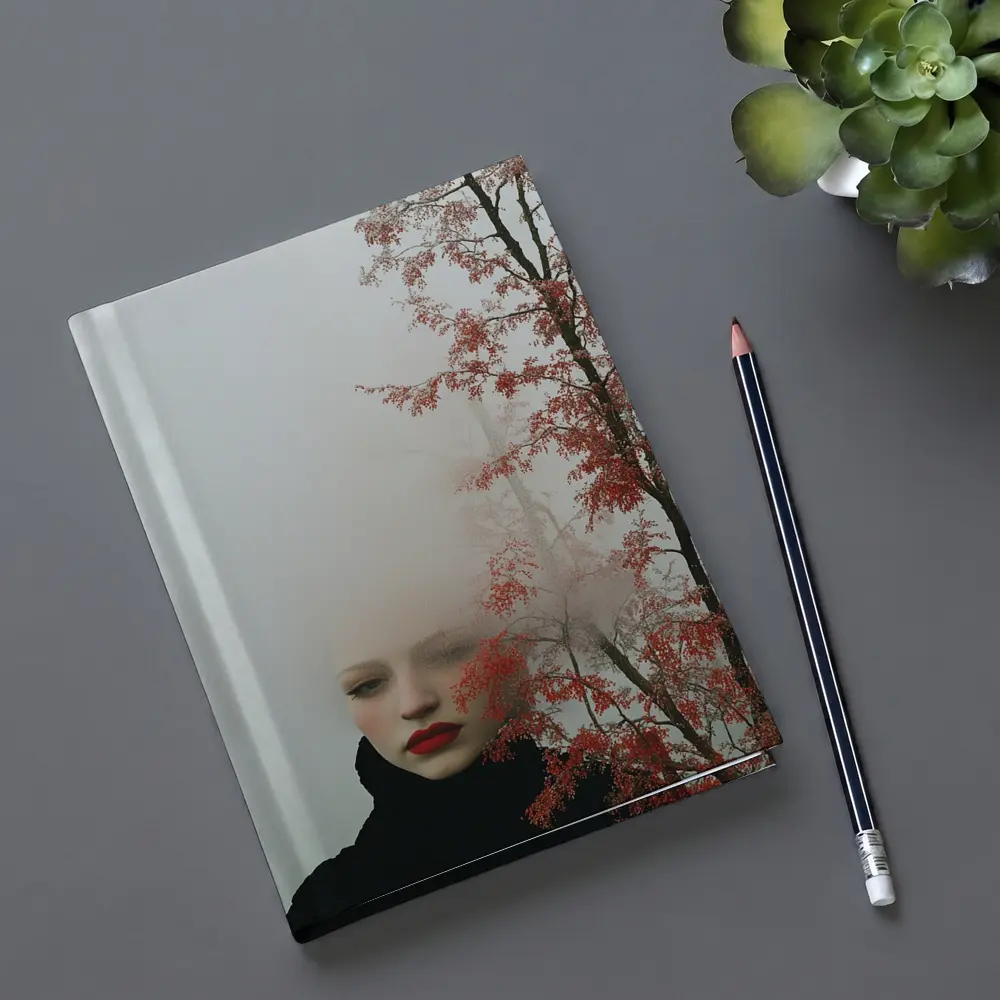 Woman Red Lips Foggy Autumn Trees Portrait – Notebooks