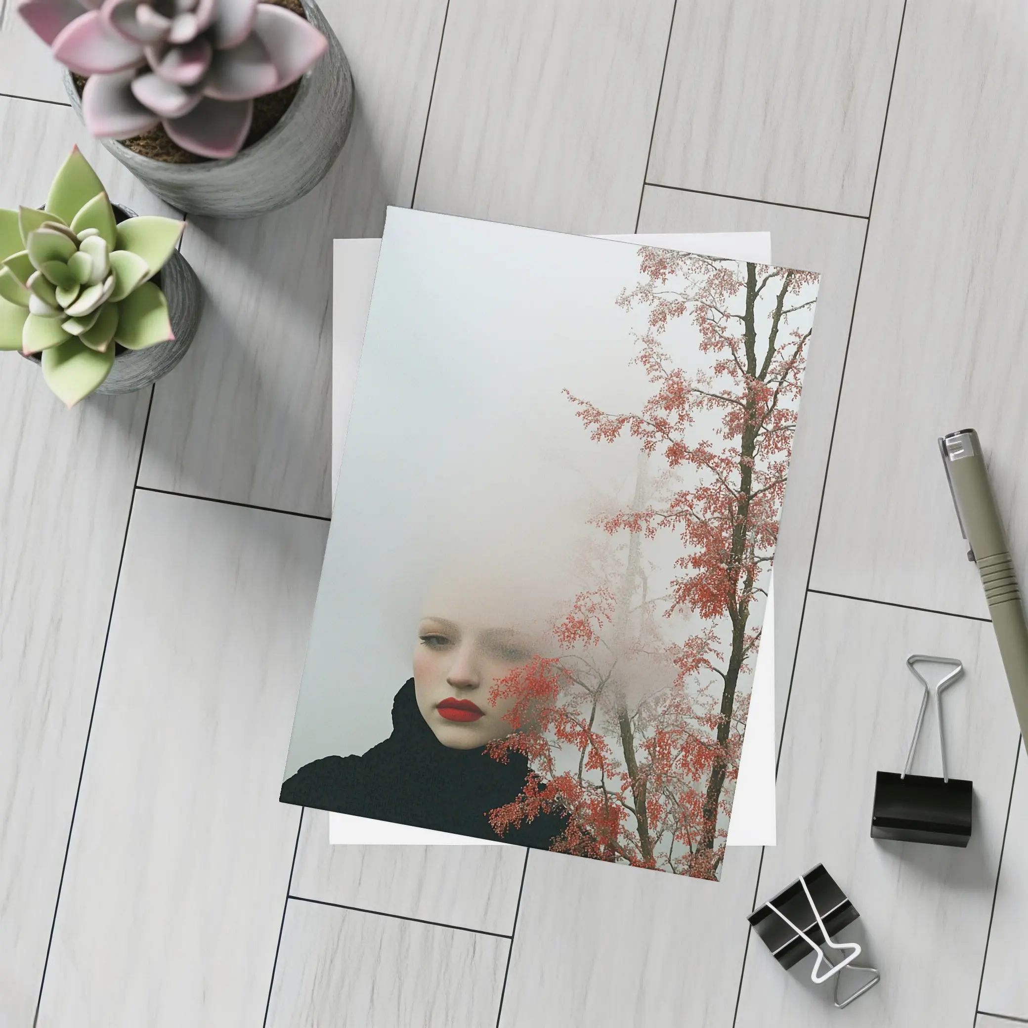 Woman Red Lips Foggy Autumn Trees Portrait – Postcards