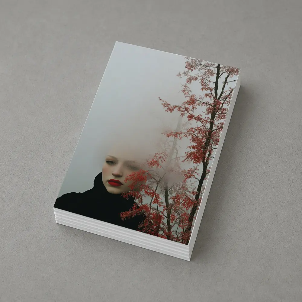 Woman Red Lips Foggy Autumn Trees Portrait – Postcards