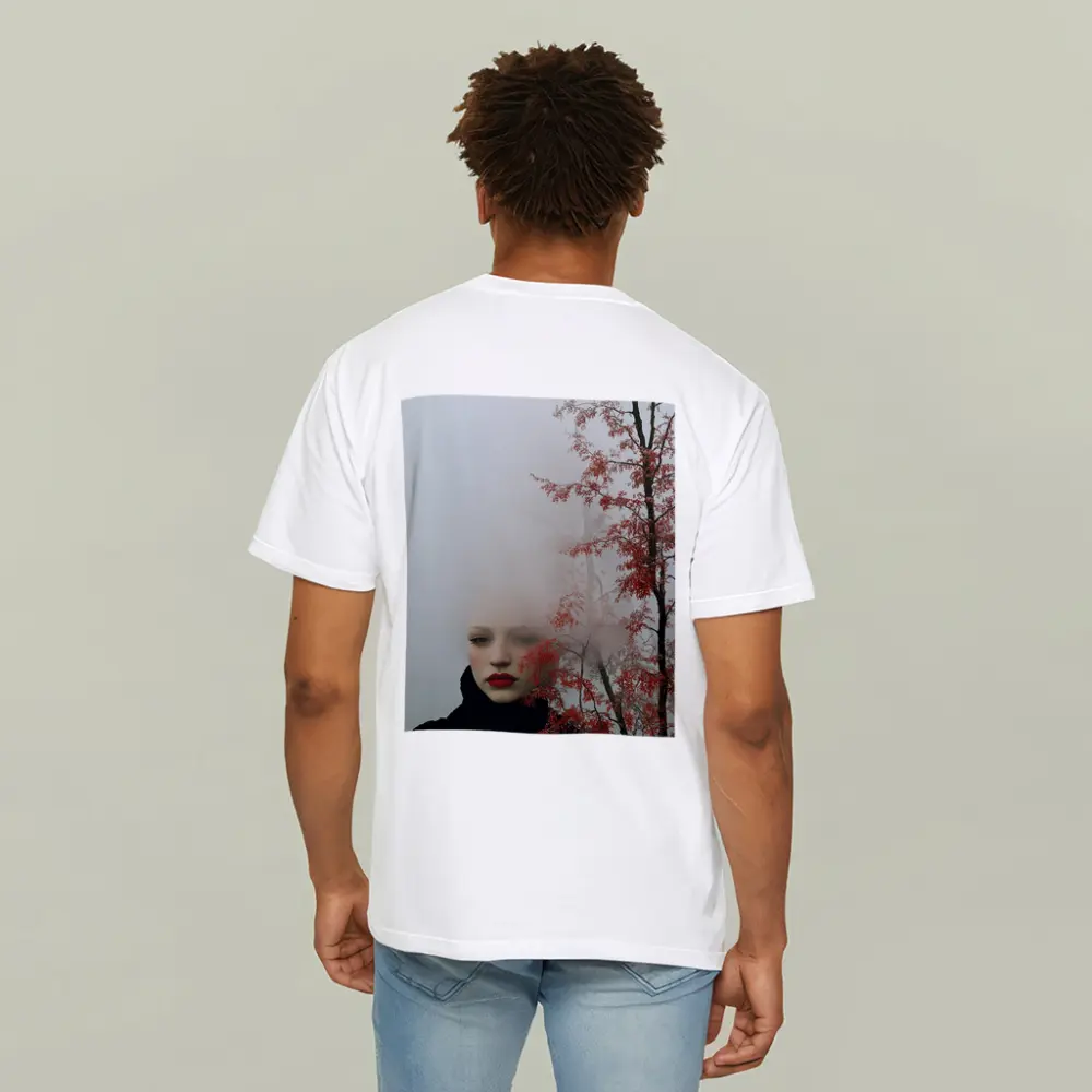 Woman Red Lips Foggy Autumn Trees Portrait – T-Shirts