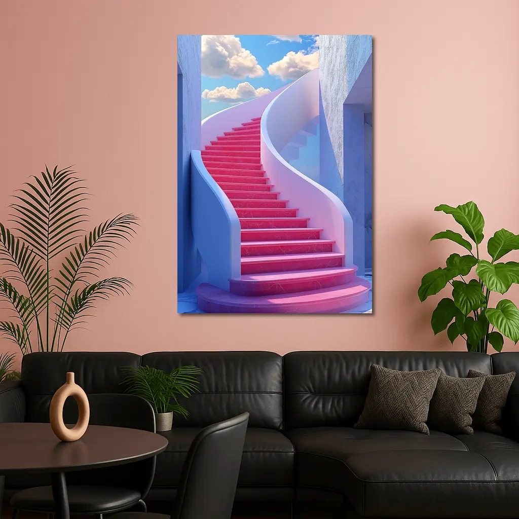 Pink Spiral Staircase Blue Sky Surreal – Wall Art