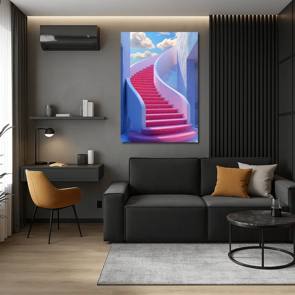 Pink Spiral Staircase Blue Sky Surreal – Wall Art