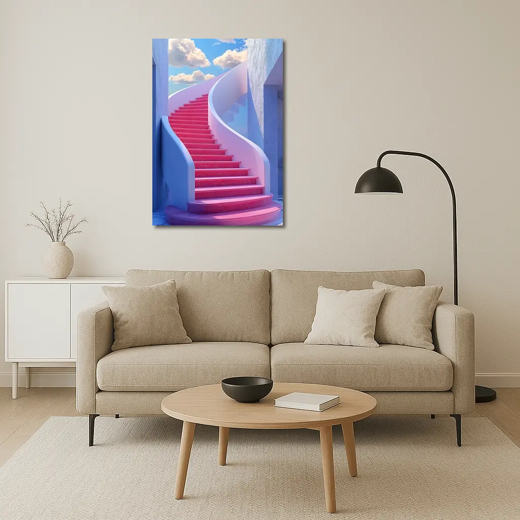 Pink Spiral Staircase Blue Sky Surreal – Wall Art