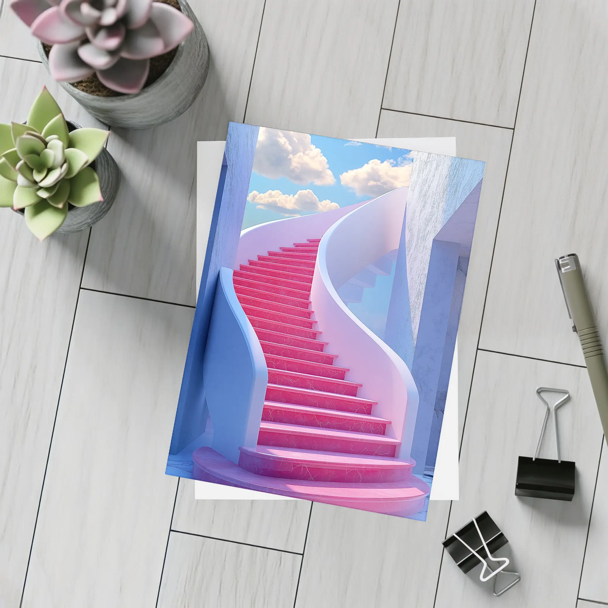 Pink Spiral Staircase Blue Sky Surreal – Postcards