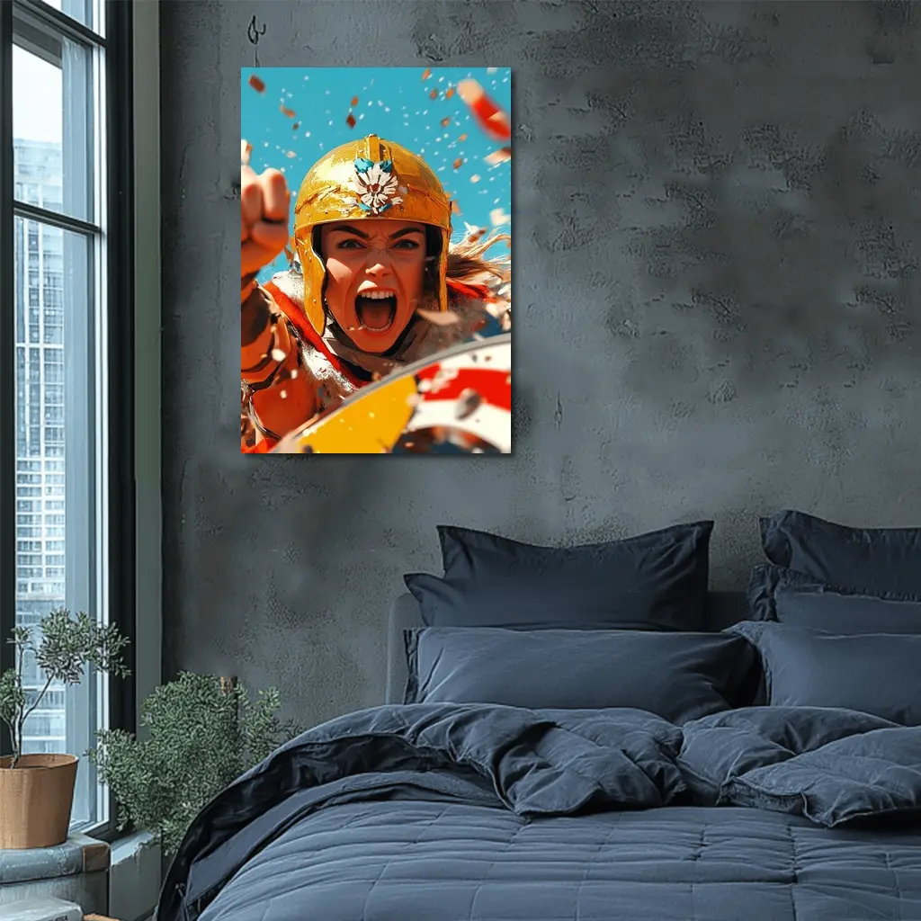 Fierce Female Warrior Gold Helmet Blue Sky – Wall Art
