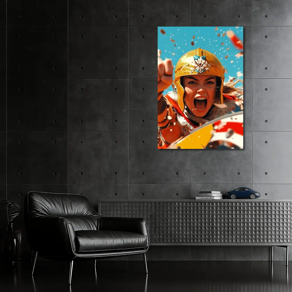 Fierce Female Warrior Gold Helmet Blue Sky – Wall Art