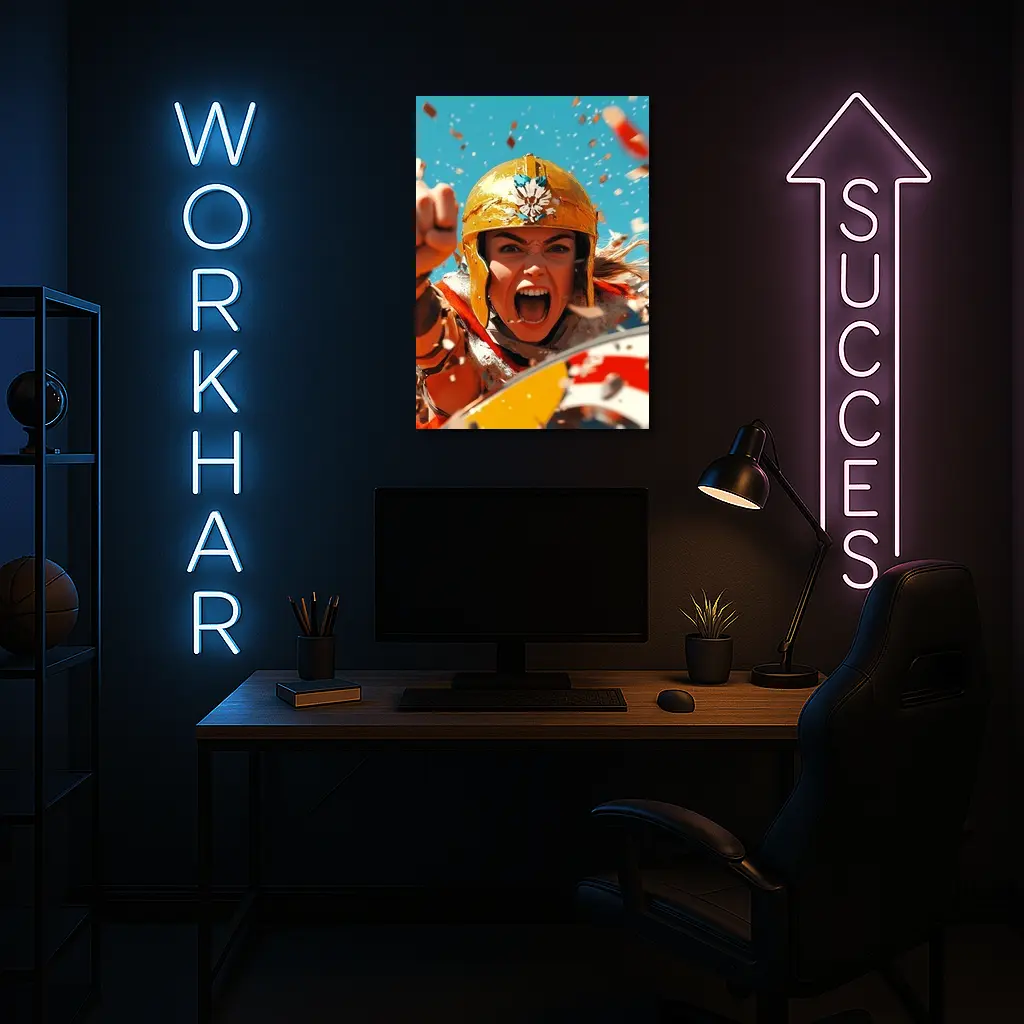 Fierce Female Warrior Gold Helmet Blue Sky – Wall Art