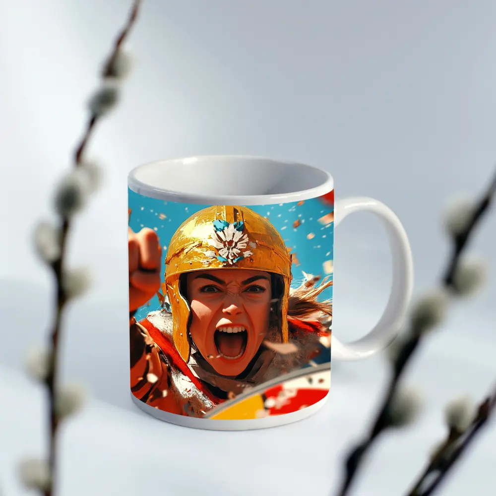 Fierce Female Warrior Gold Helmet Blue Sky – Mugs