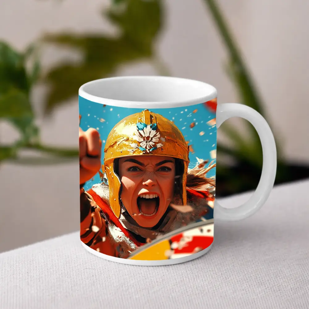 Fierce Female Warrior Gold Helmet Blue Sky – Mugs