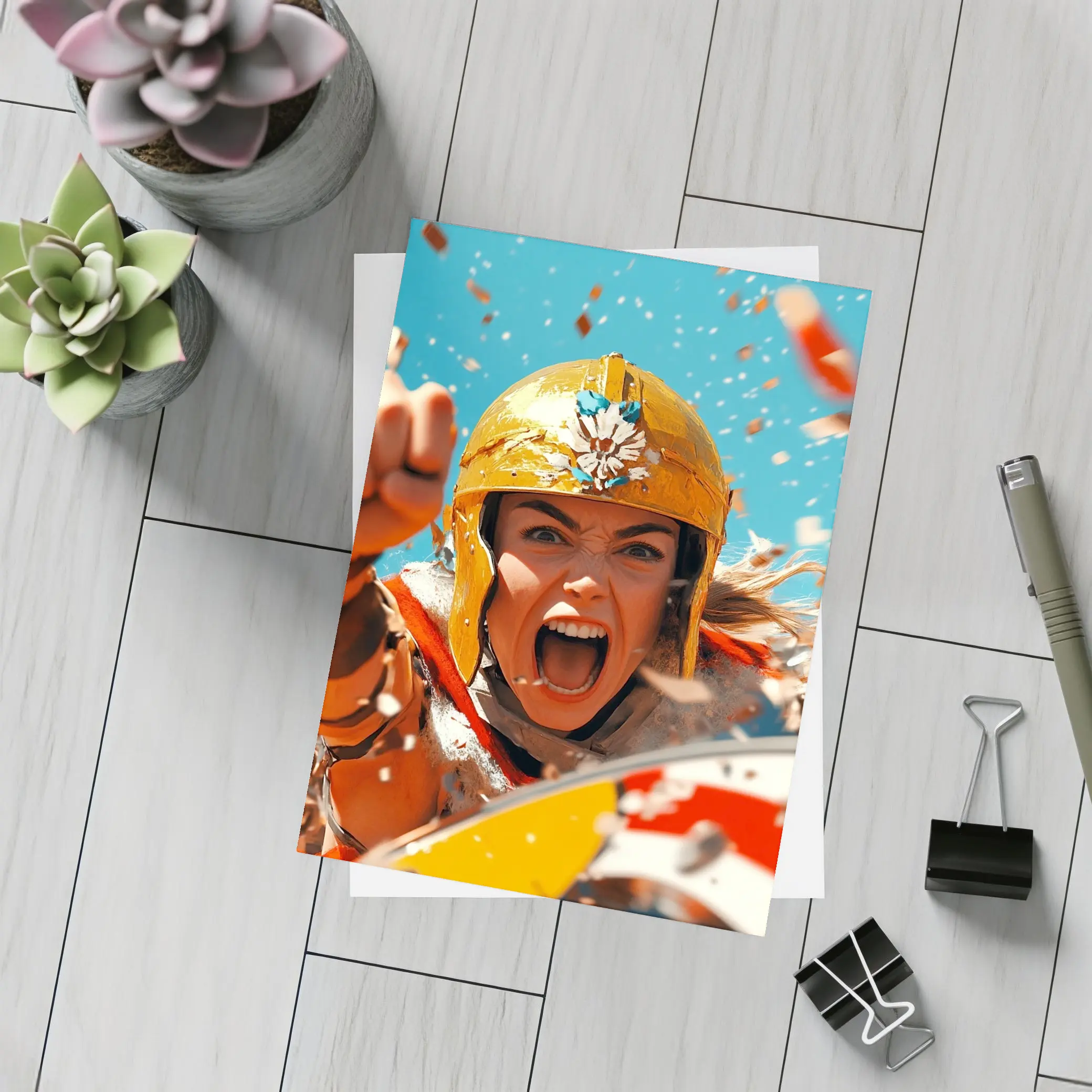 Fierce Female Warrior Gold Helmet Blue Sky – Postcards