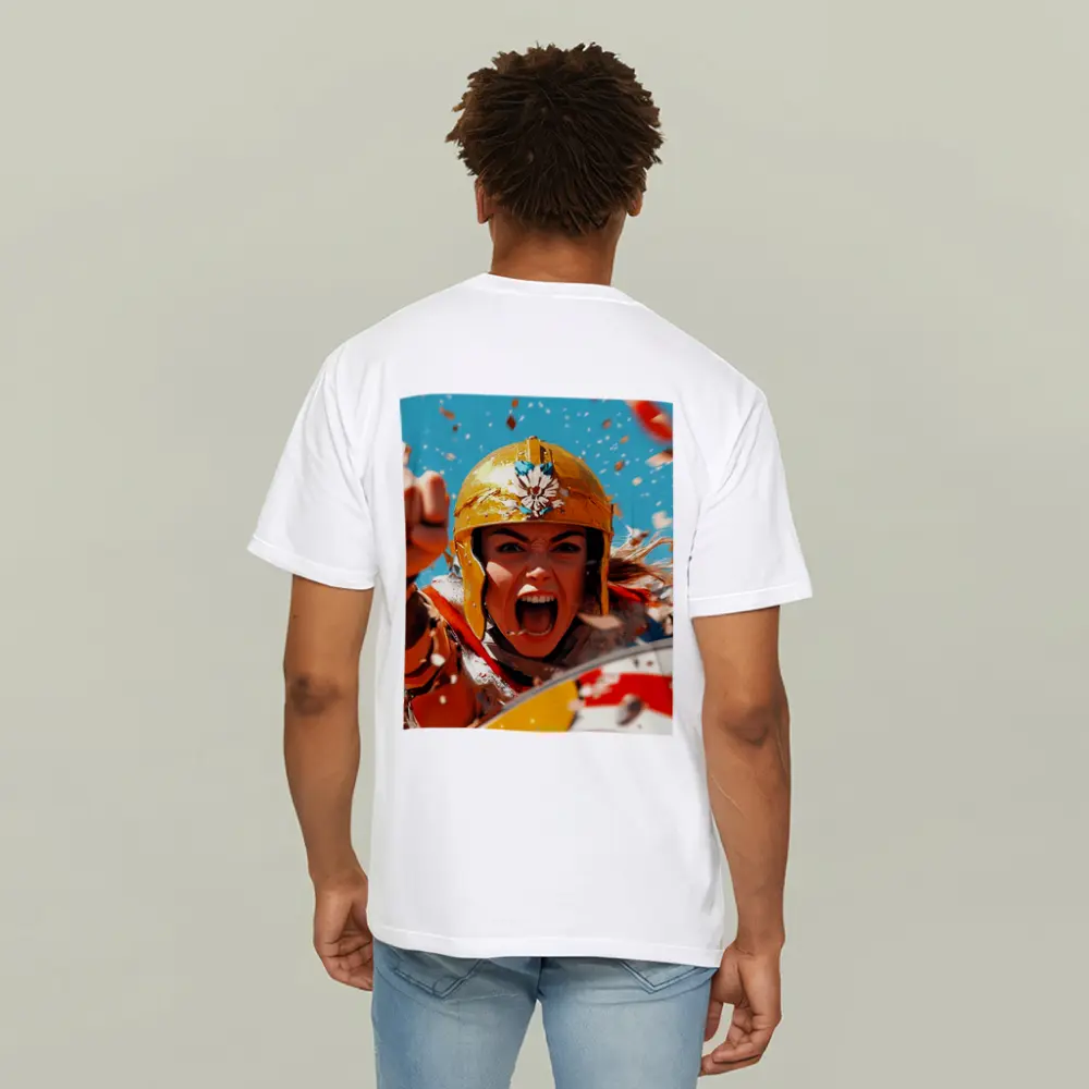 Fierce Female Warrior Gold Helmet Blue Sky – T-Shirts