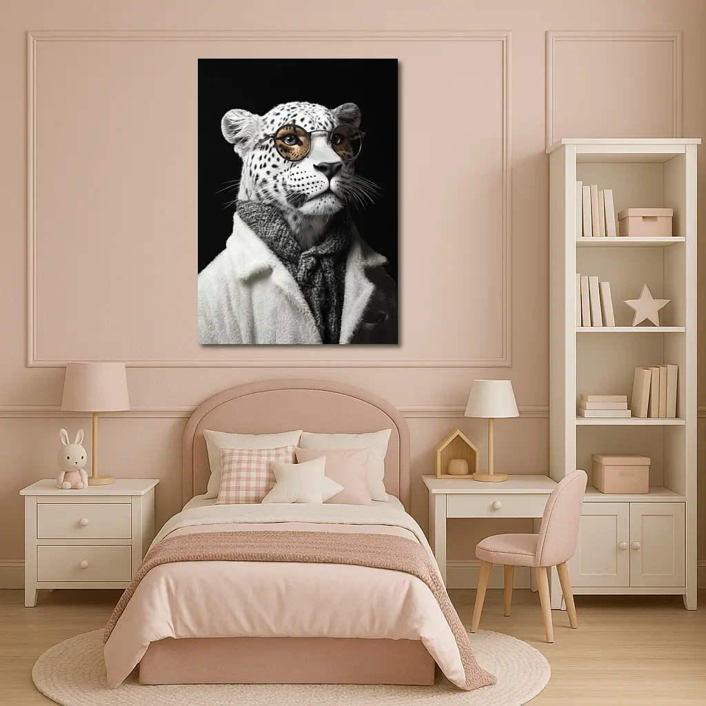 Snow Leopard Wearing Glasses and Coat – Wall Art