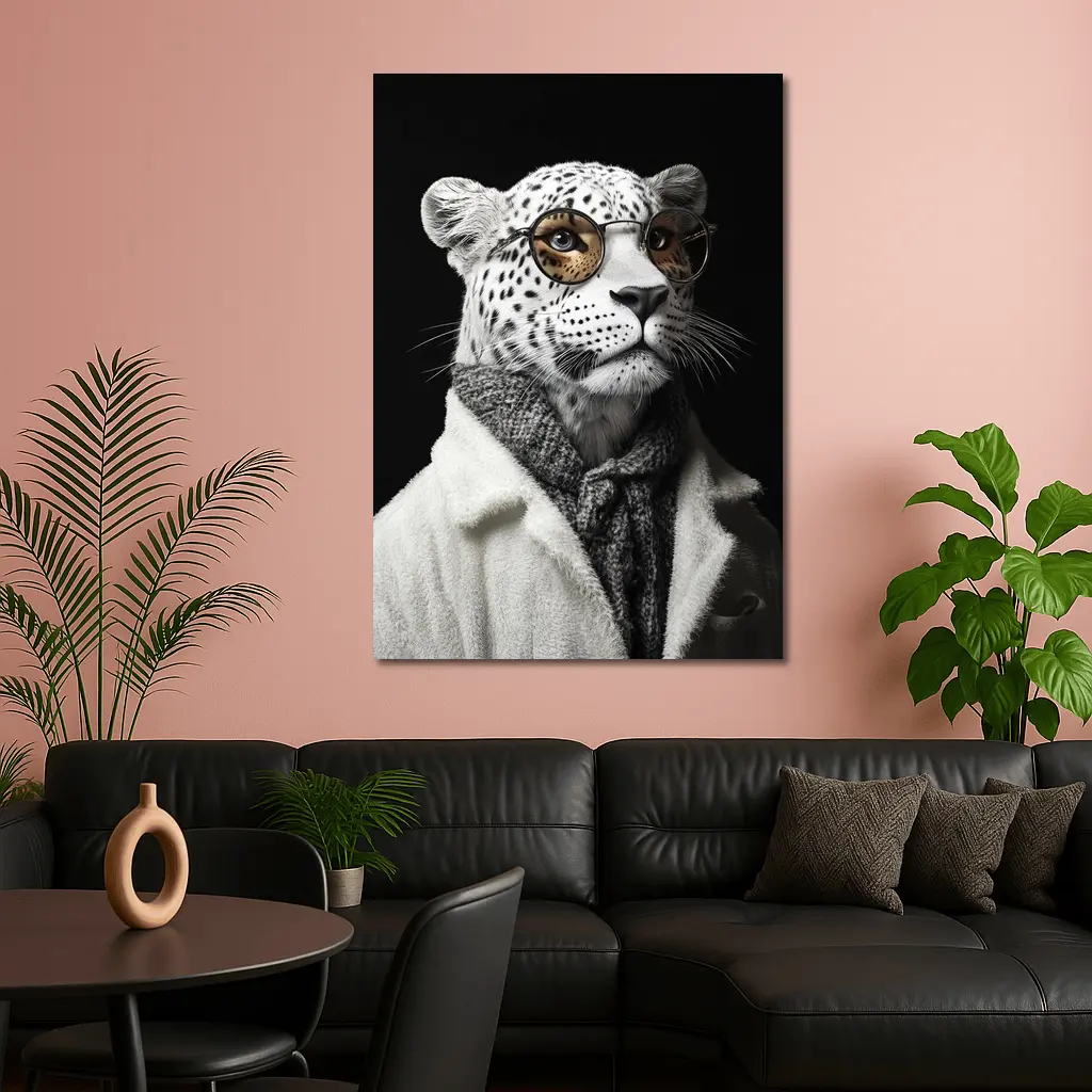 Snow Leopard Wearing Glasses and Coat – Wall Art
