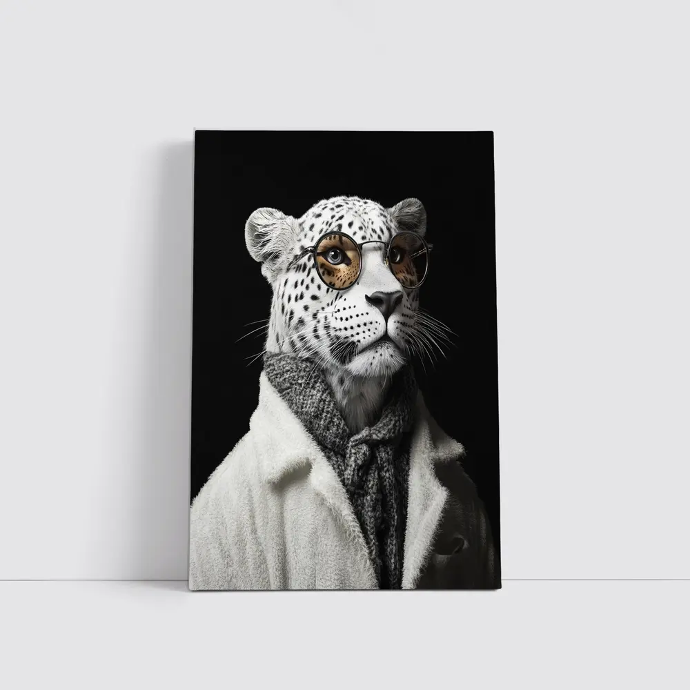 Snow Leopard Wearing Glasses and Coat – Wall Art